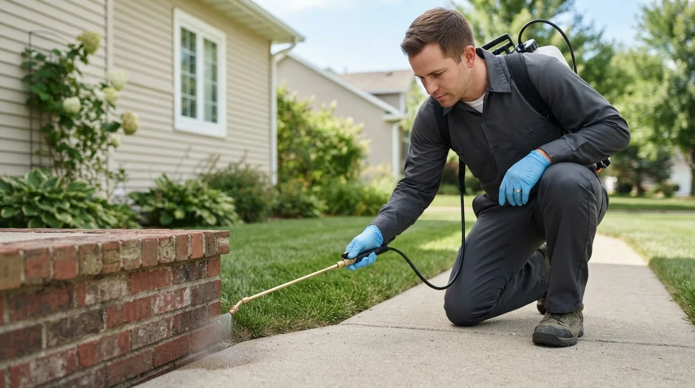 Pest control technician treating a home near Ellinger, TX