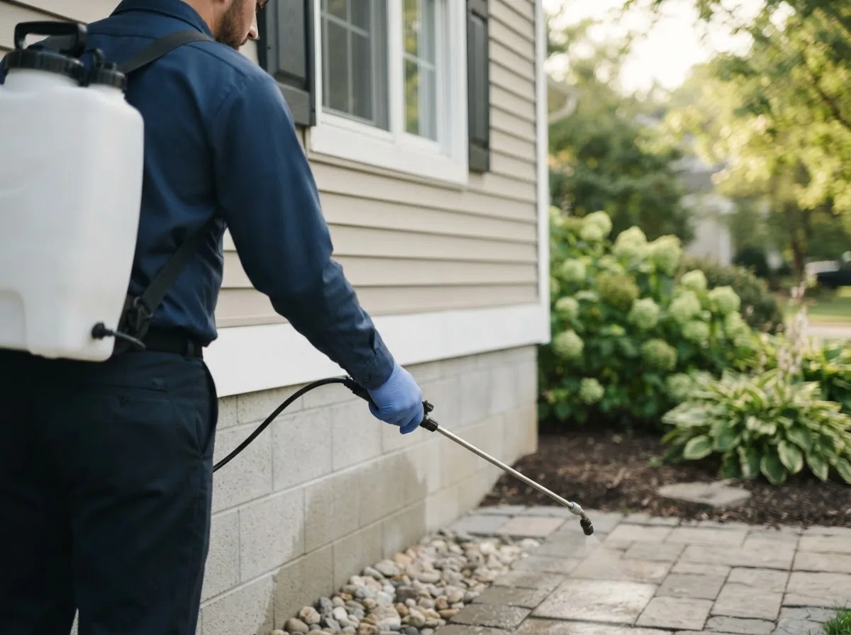 Pest control technician inspecting a home in Ellinger, TX